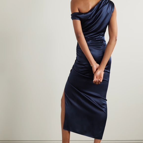 Veronica Beard navy Kadie Dress NWT 00 $648 stretch silk satin ruched mini - Picture 10 of 11